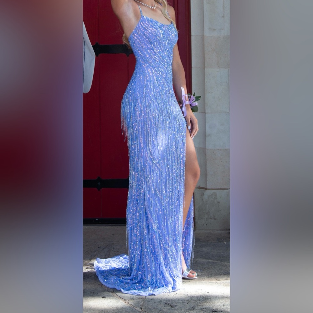 Amarra Sparkling Periwinkle Fringe Prom Dress